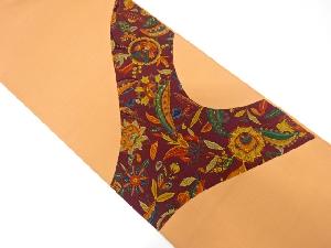 手織り節紬　切りばめ　相良刺繍　花更紗模様　袋帯